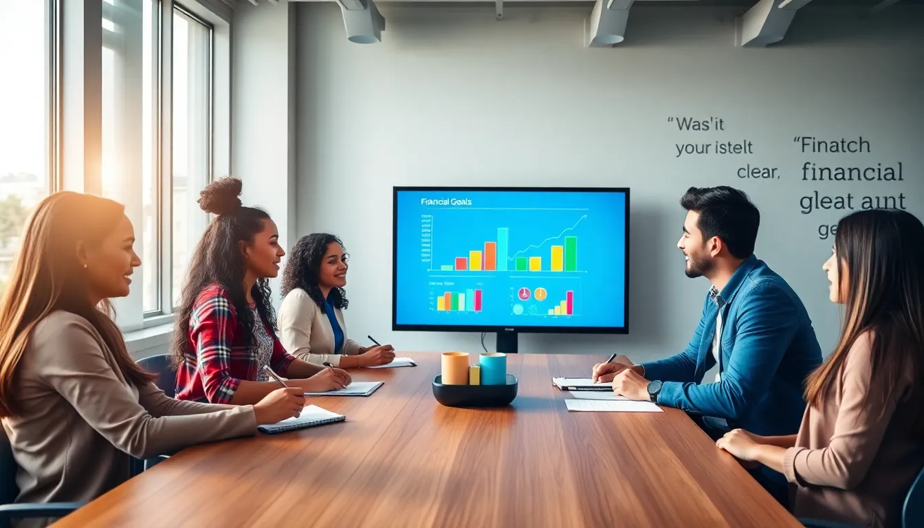 young professionals discussing financial goals in a modern office.